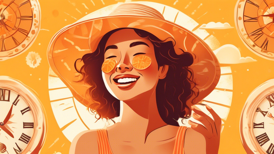An illustrated guide showing a happy, youthful person applying sunscreen and wearing a wide-brimmed hat under a radiant sun, surrounded by clocks showing reversed aging, on a background of glowing, healthy skin textures.
